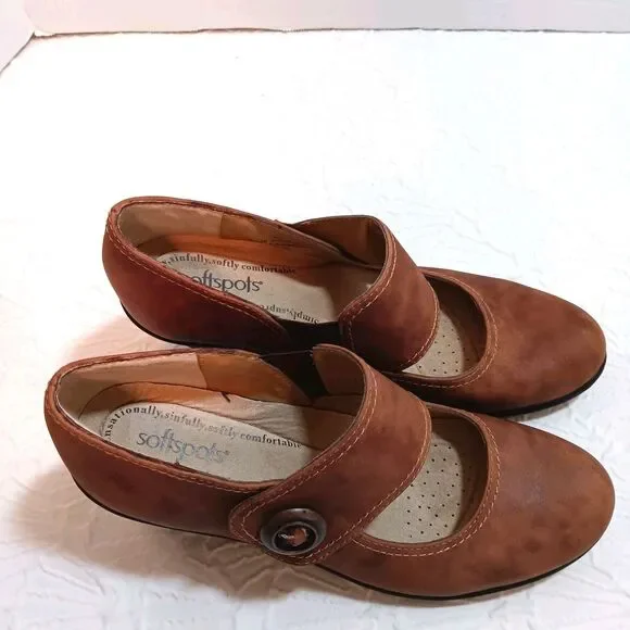 Softspots Brown Leather Mary Jane Block Heels Size 9 Slip On - Picture 6 of 10